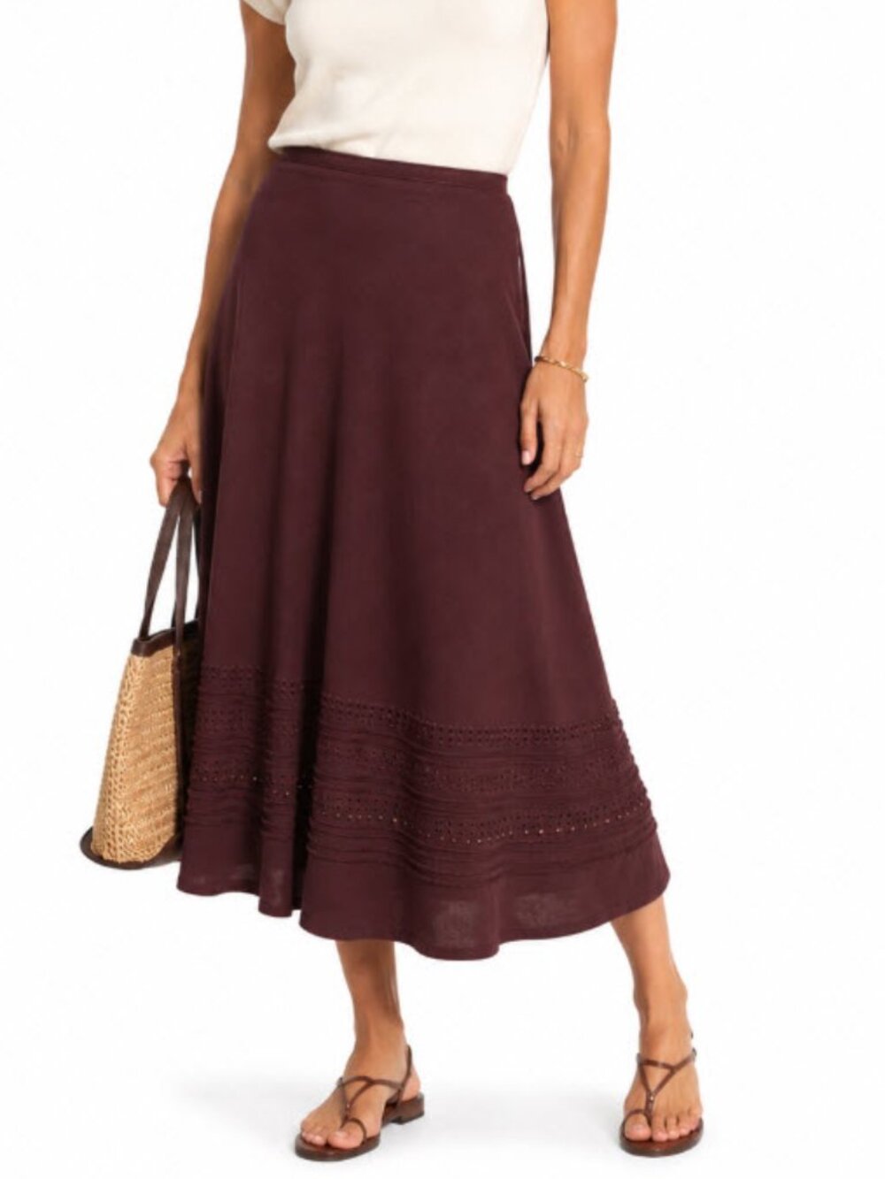 Jones New York Silk Linen A-Line Midi Skirt Brown Beaded Hem Size 8 Boho Chic